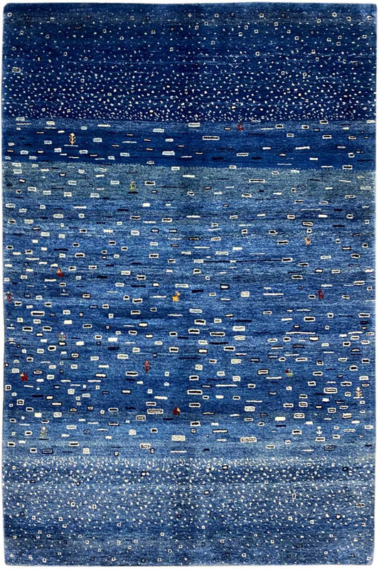 Blue Gabbeh rug with a fine pattern, rectangular, patterned border design