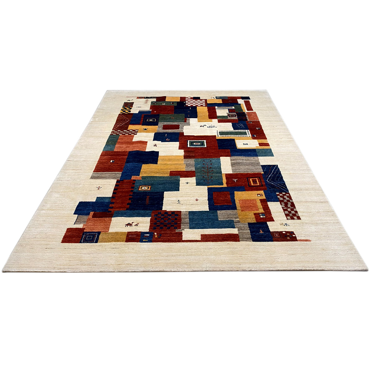 Gabbeh rug, rectangular, central patchwork pattern with tiles in blue and red