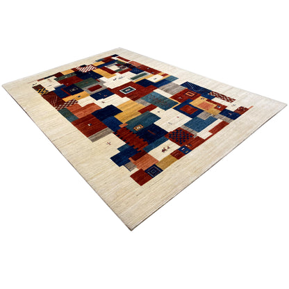 Gabbeh rug, rectangular, multicolored patchwork design with geometric blocks