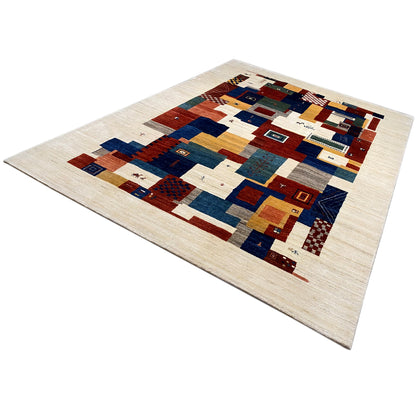 Gabbeh rug, rectangular, geometric pattern of blocks in blue, red and beige