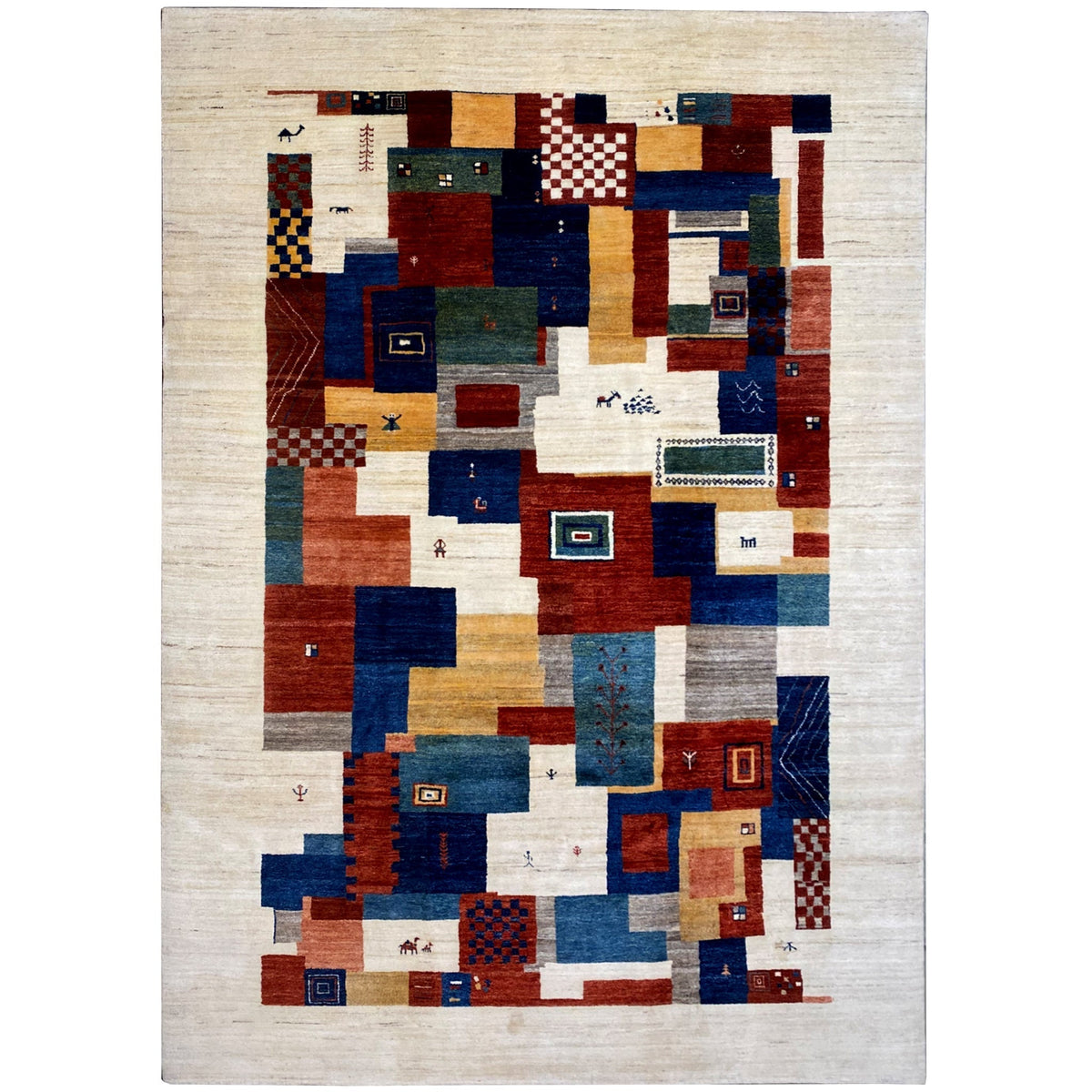 Gabbeh rug, rectangular, patchwork pattern in beige, blue, and red