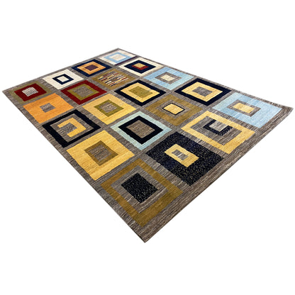 Gabbeh rug with a multicolored geometric pattern of squares and lines