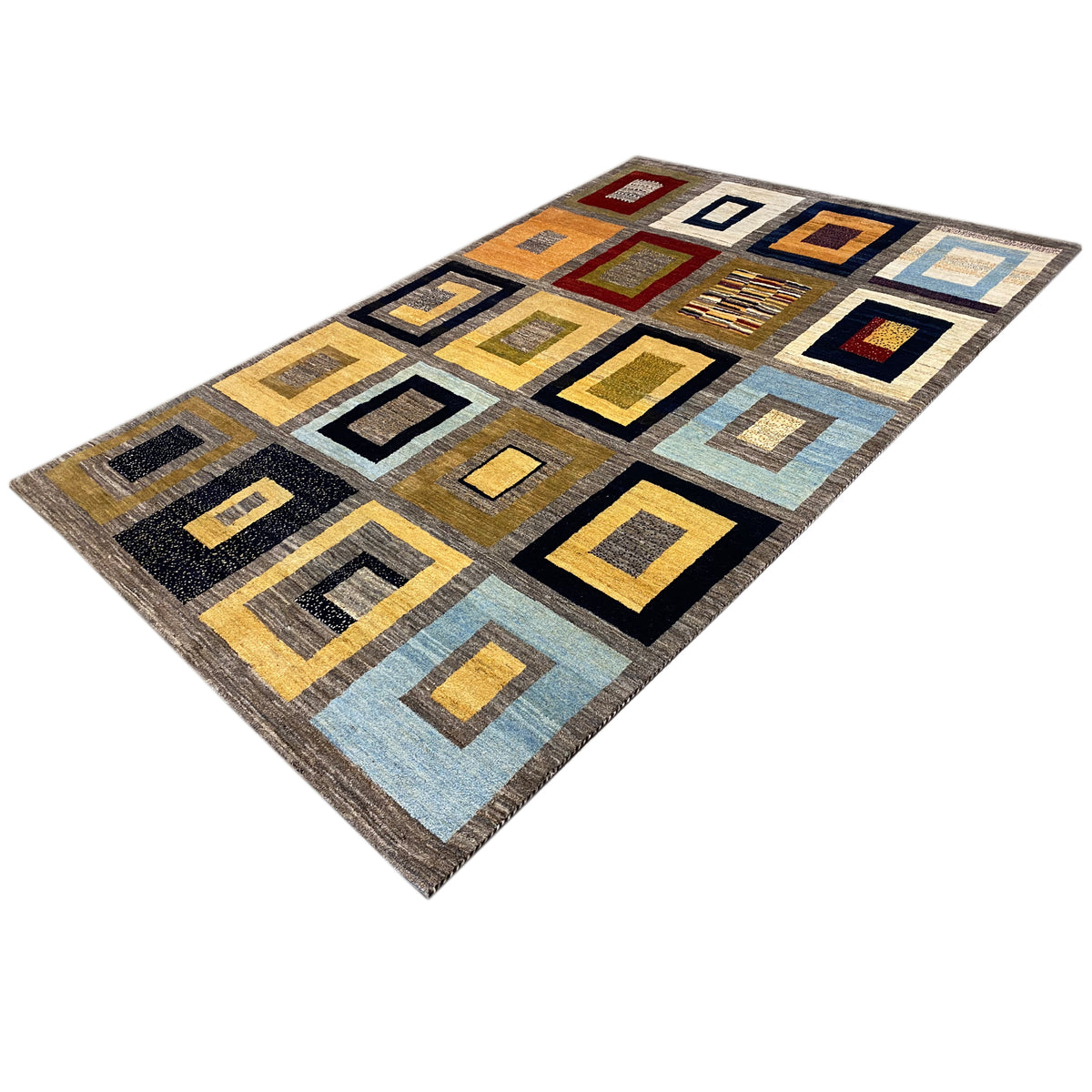 Gabbeh rug with colorful squares, a gray border, and blue-yellow accents