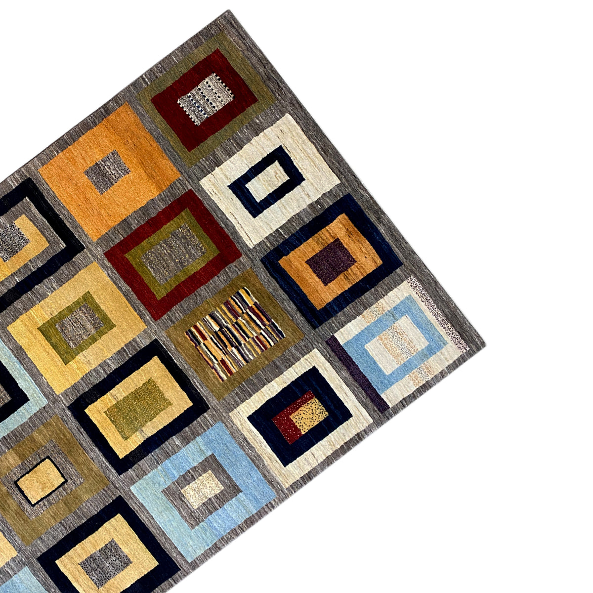 Gabbeh rug made of squares with red, green, blue, and yellow accents on gray