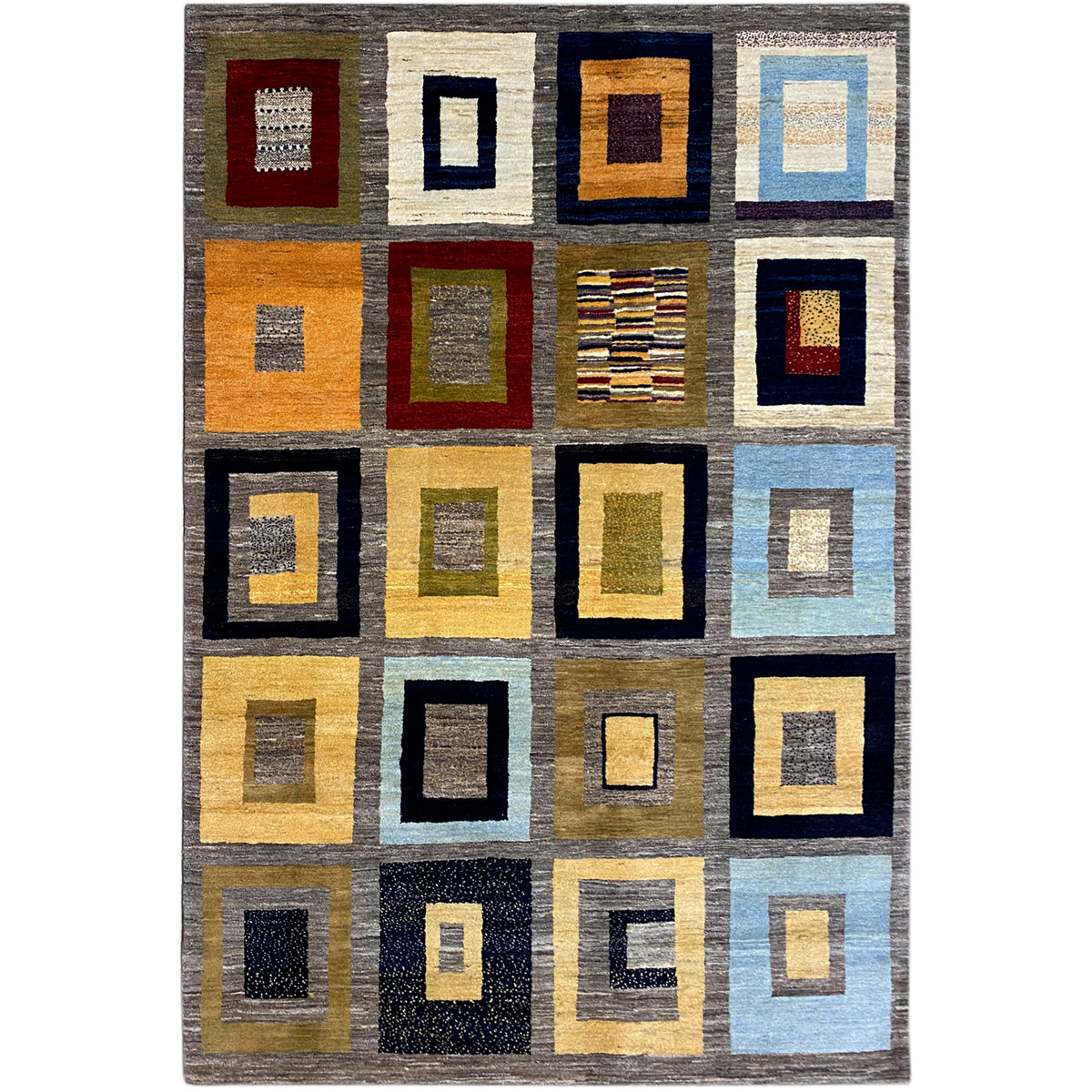 Gabbeh rug with a square pattern in gray, yellow, blue, and black