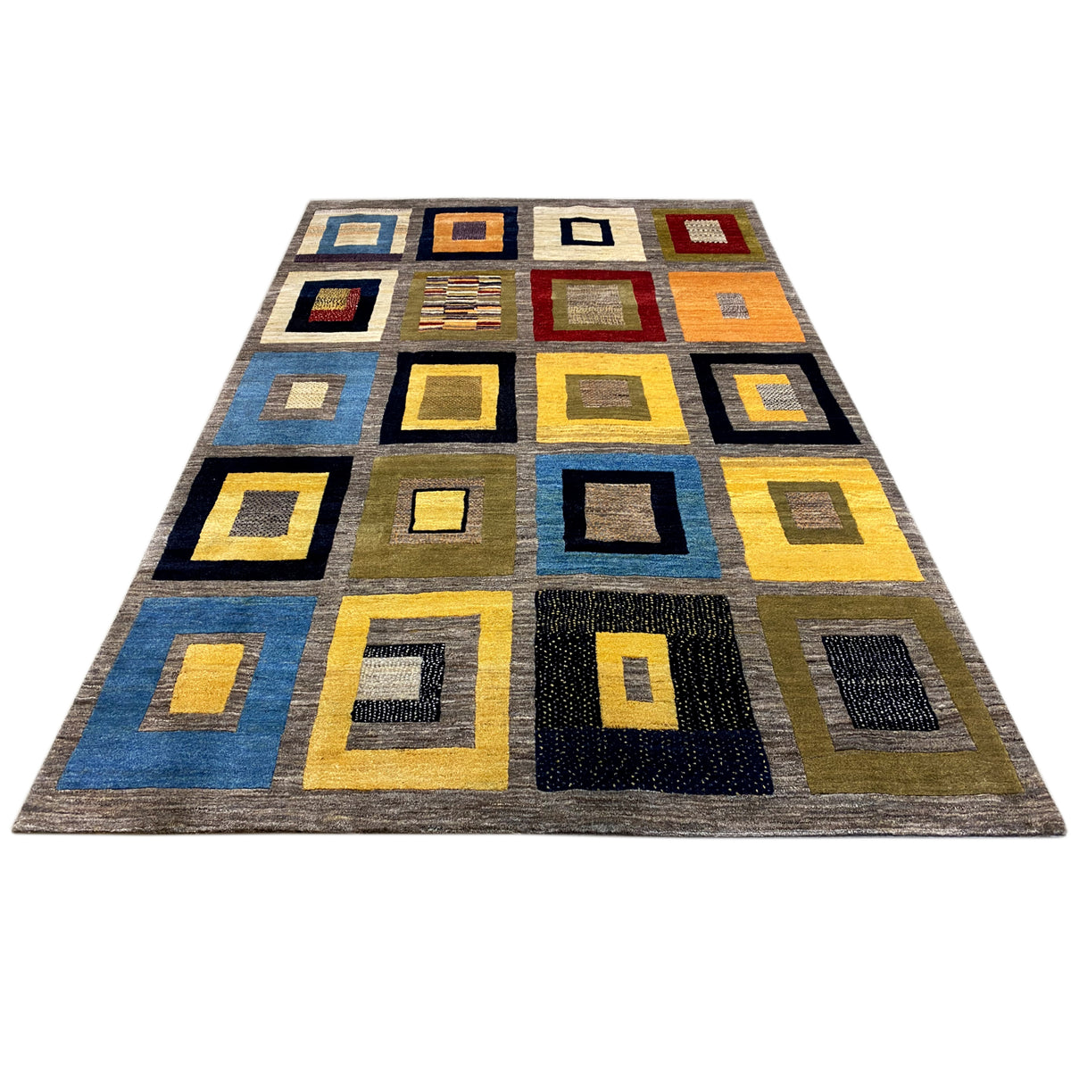Gabbeh rug, flat square design in blue, yellow, and gray on a light background.