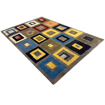 Gabbeh rug in a diamond layout with colorful squares, gray and dark tones.
