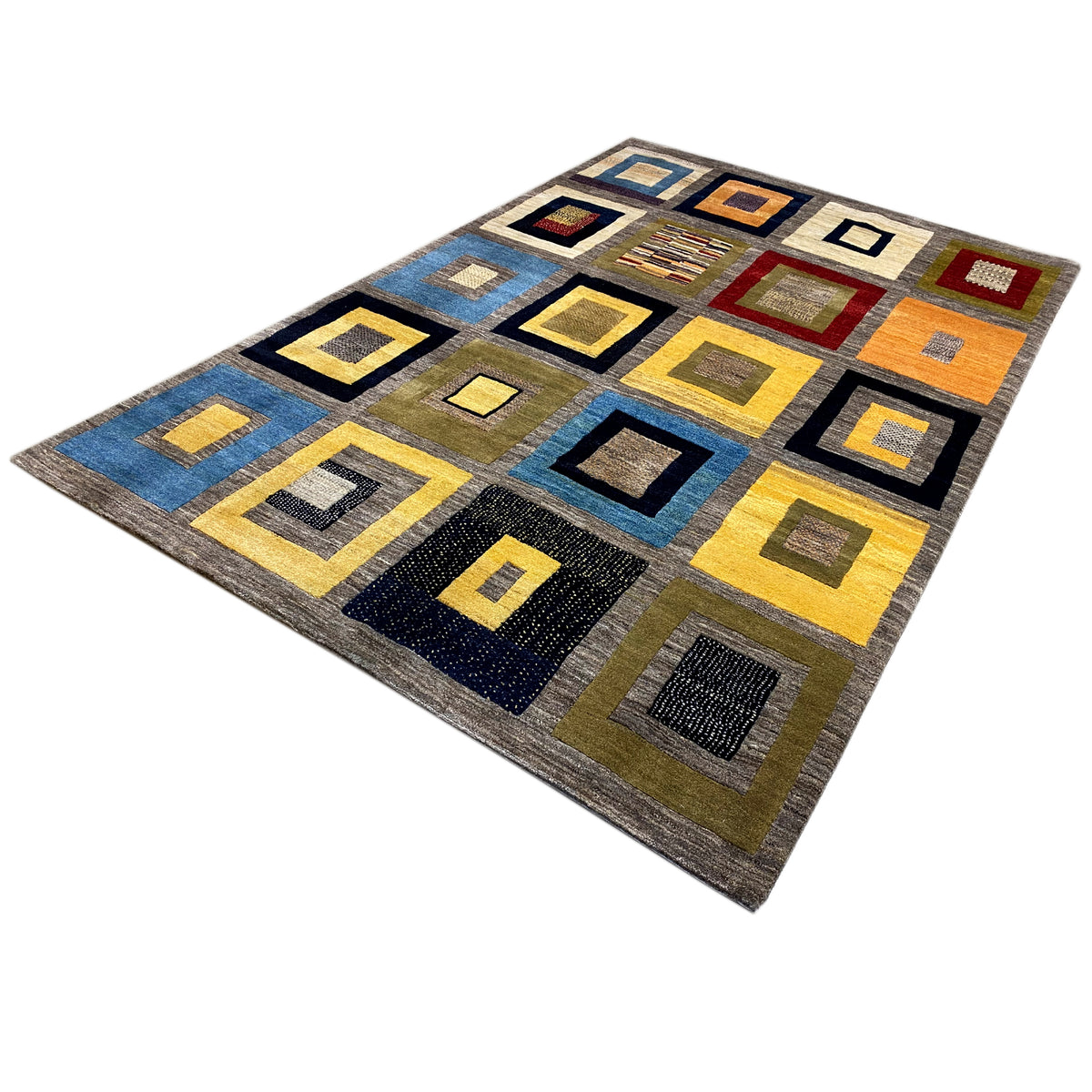 Gabbeh rug with geometric squares in yellow, blue, orange, and gray.