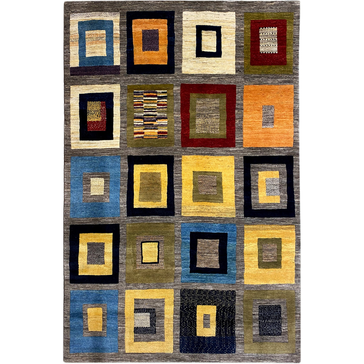Gabbeh rug with a square pattern, mottled gray, and multicolored rectangles.