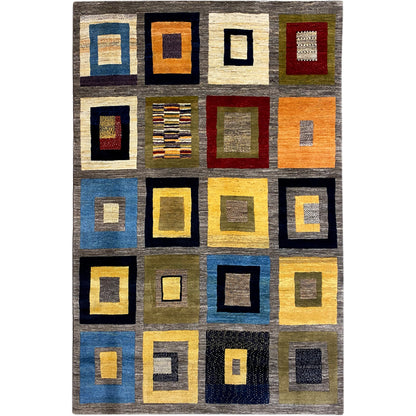 Gabbeh rug with a square pattern, mottled gray, and multicolored rectangles.