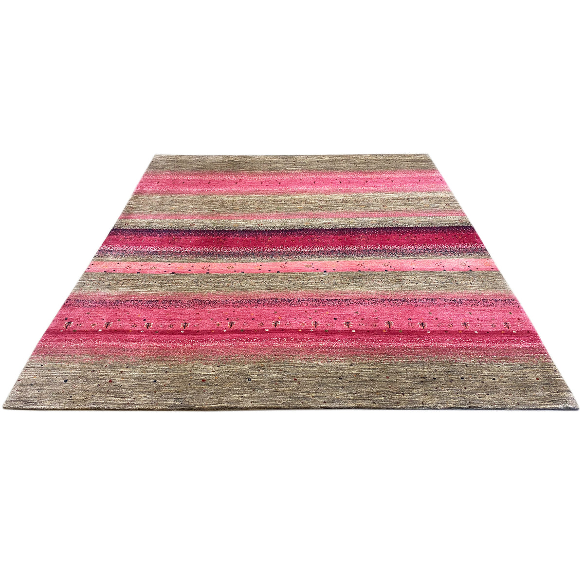 Pink gabbeh rug with horizontal stripes, gray sections, rectangular shape