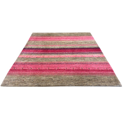 Pink gabbeh rug with horizontal stripes, gray sections, rectangular shape