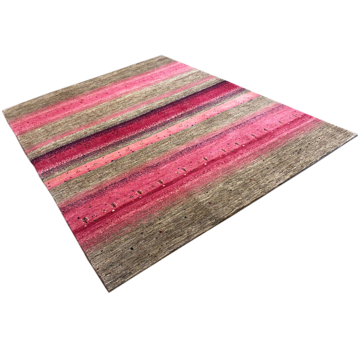 Gabbeh rug with a diagonal view: pink stripes on a gray background, patterned pile