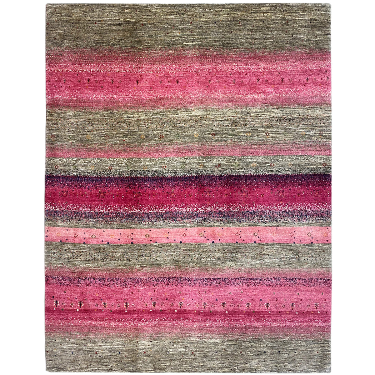 Gabbeh rug with pink stripes and a gray background, rectangular, mottled pile