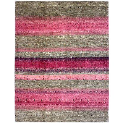 Gabbeh rug with pink stripes and a gray background, rectangular, mottled pile