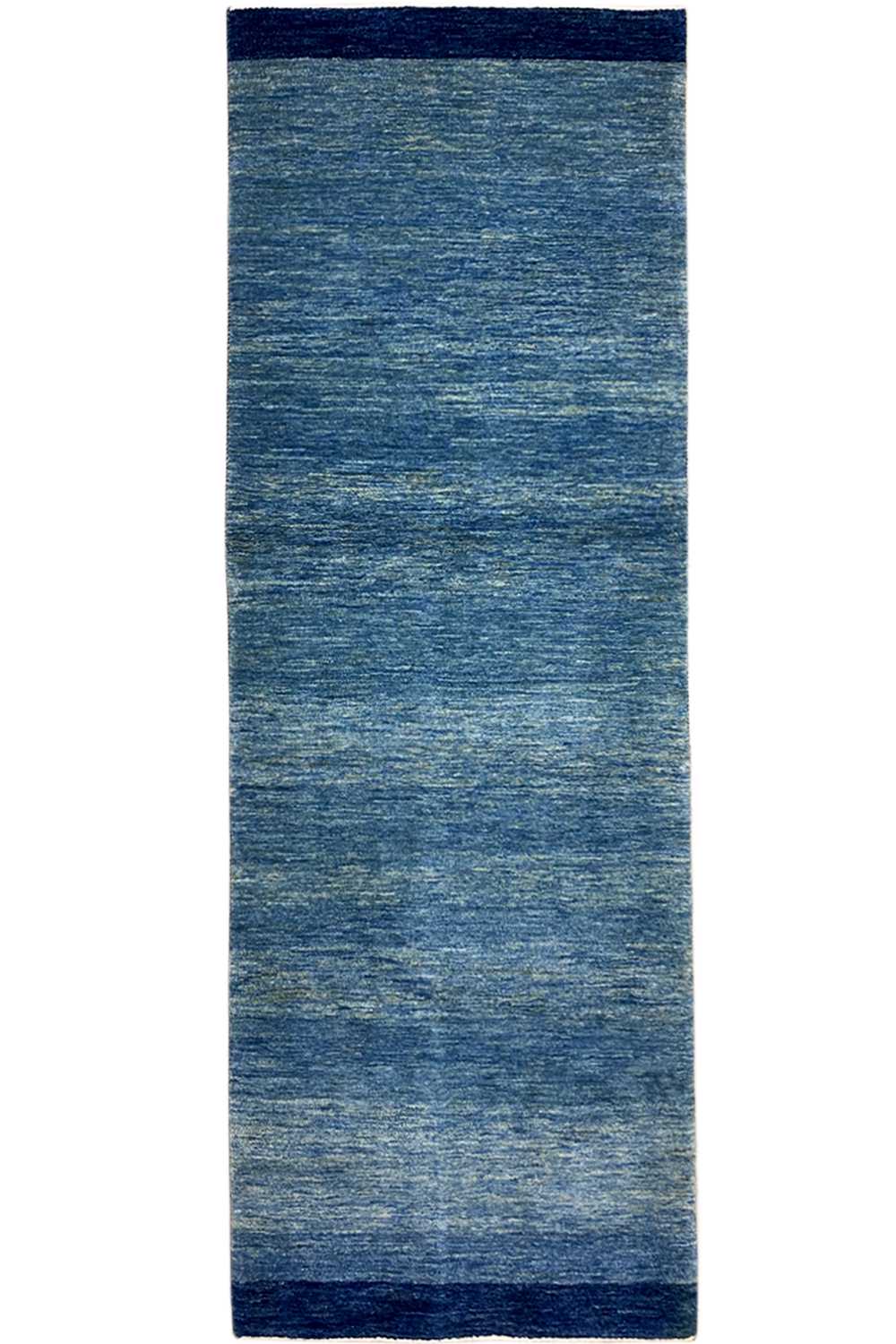 Blue runner rug 100x250 cm with a dark border and mottled texture.