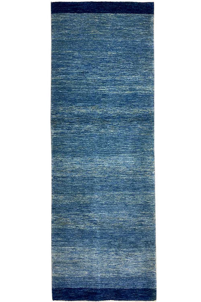 Blue runner rug 100x250 cm with a dark border and mottled texture.
