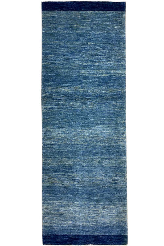 Blue runner rug 100x250 cm with a dark border and mottled texture.