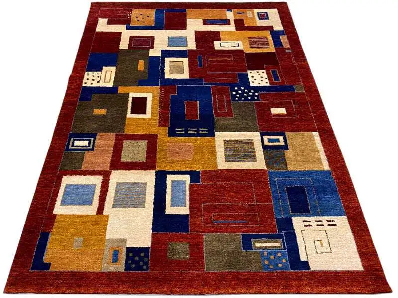 Rectangular Oriental rug, geometric quadrilaterals in red, blue, beige and yellow, even pile