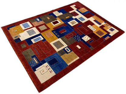 Oriental rug with geometric blocks in reddish brown, blue, beige, and ochre, decorative ornaments