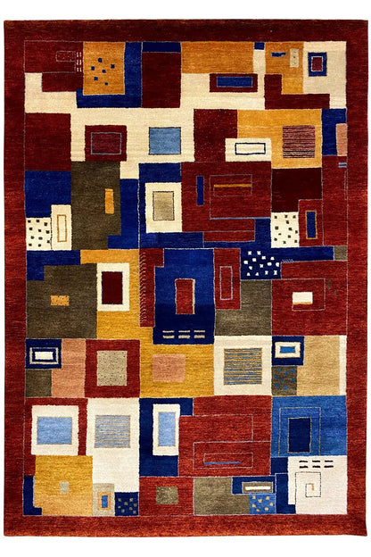 Oriental rug, patchwork pattern of red, blue, beige, and yellow areas with linear ornaments