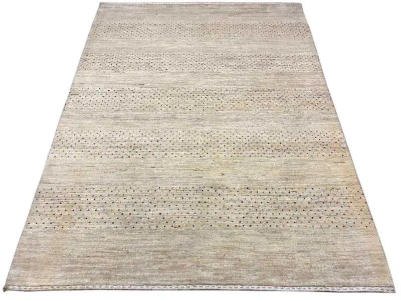 Gabbeh rug with an even striped pattern, light beige surface and dotted texture