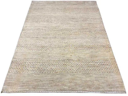 Gabbeh rug with an even striped pattern, light beige surface and dotted texture