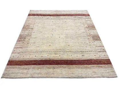 Gabbeh rug in cream with two burgundy border stripes, fine linear relief
