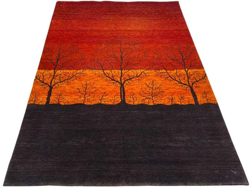 Gabbeh rug 200x141 cm, large landscape motif with a row of trees and a dark central stripe