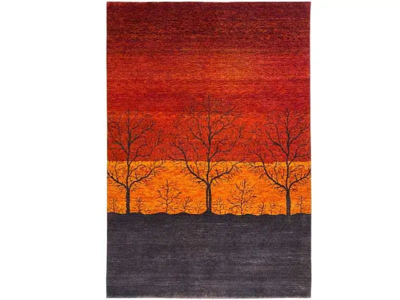 Gabbeh rug 200x141 cm, design featuring trees between an orange-yellow sky and dark ground