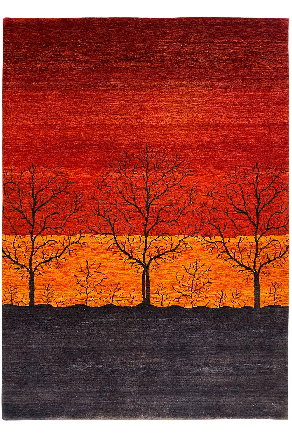 Gabbeh rug 200x141 cm, row of trees in the evening light with yellow crowns and a dark lower edge