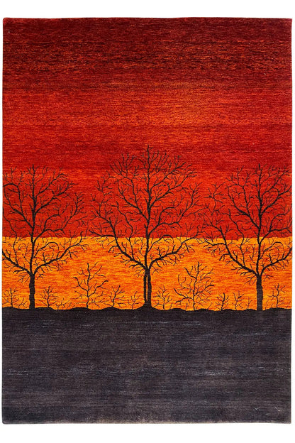 Gabbeh rug 200x141 cm, row of trees in the evening light with yellow crowns and a dark lower edge