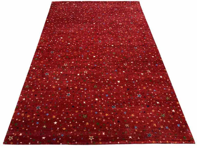 Gabbeh rug “Lori” 246x176 cm, trapezoidal view of the red star rug