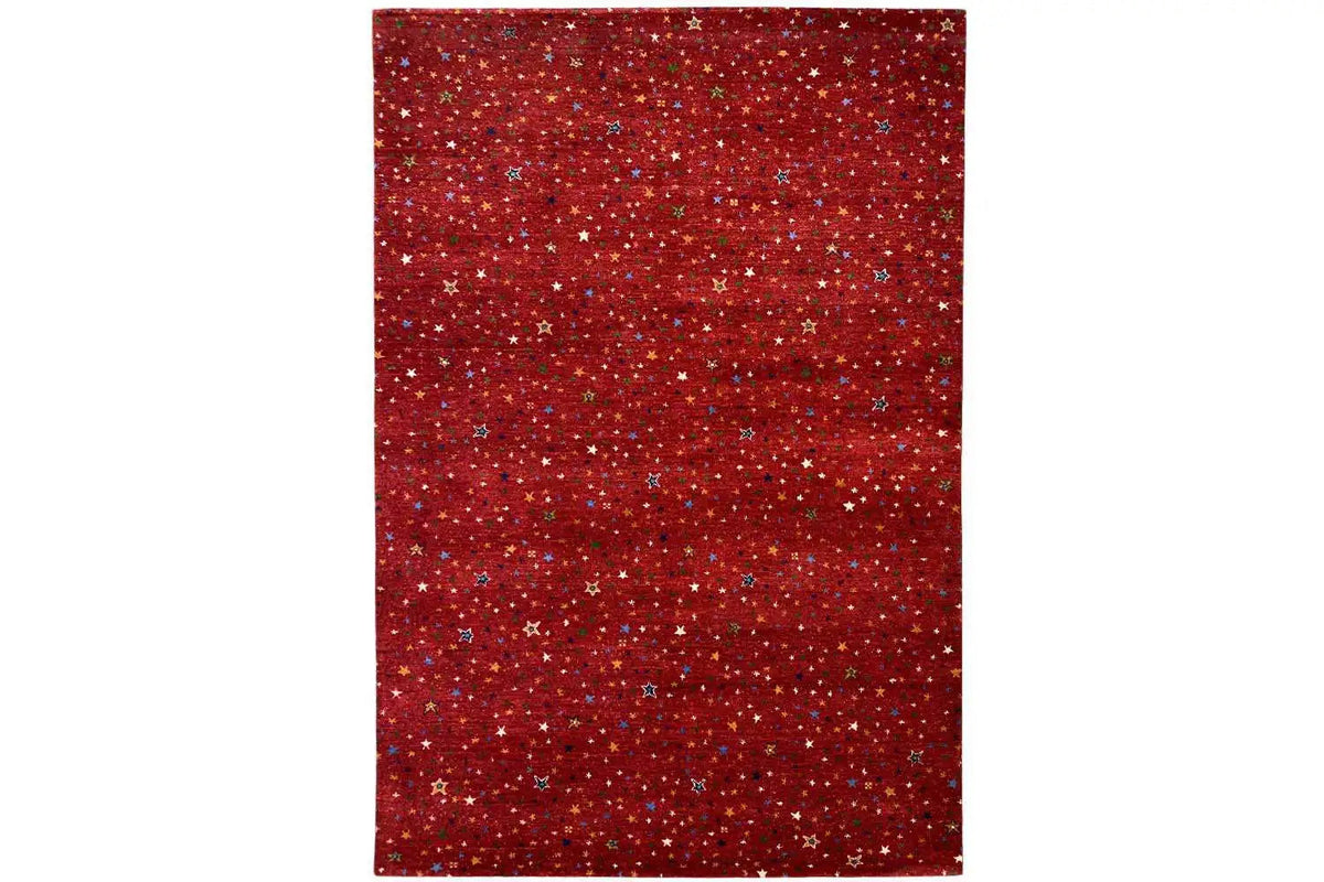 Gabbeh rug “Lori” 246x176 cm, entire rug: red star pattern, flat-woven