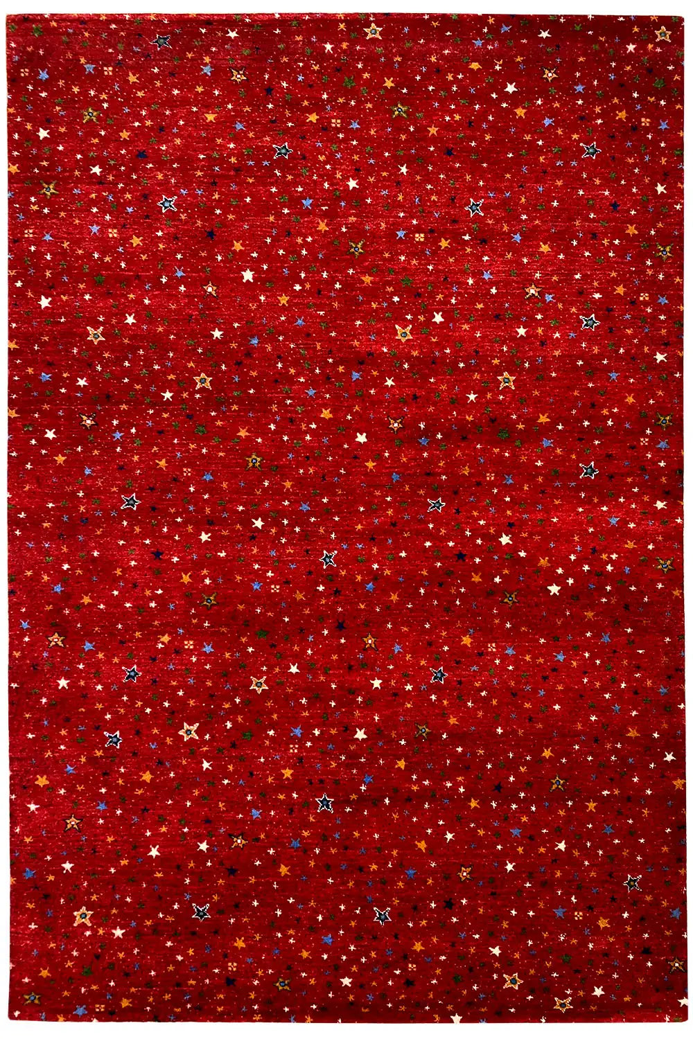 Gabbeh rug “Lori” 246x176 cm, front view with a dense star pattern in red