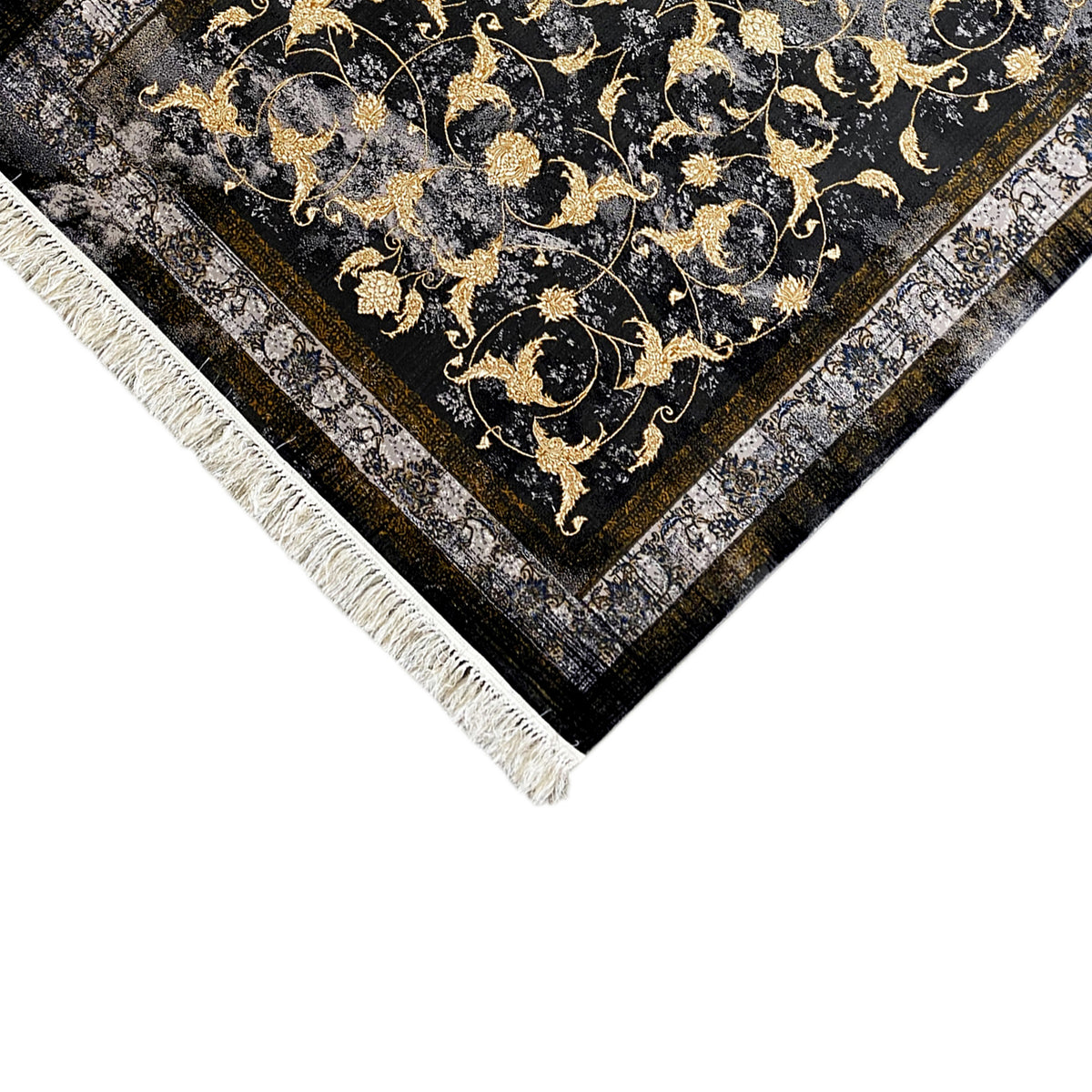 Kenza rug 160x230 cm: corner with golden ornaments and white fringes
