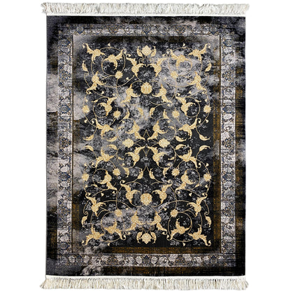 Kenza rug 160x230 cm: dark rug with golden ornament and fringes
