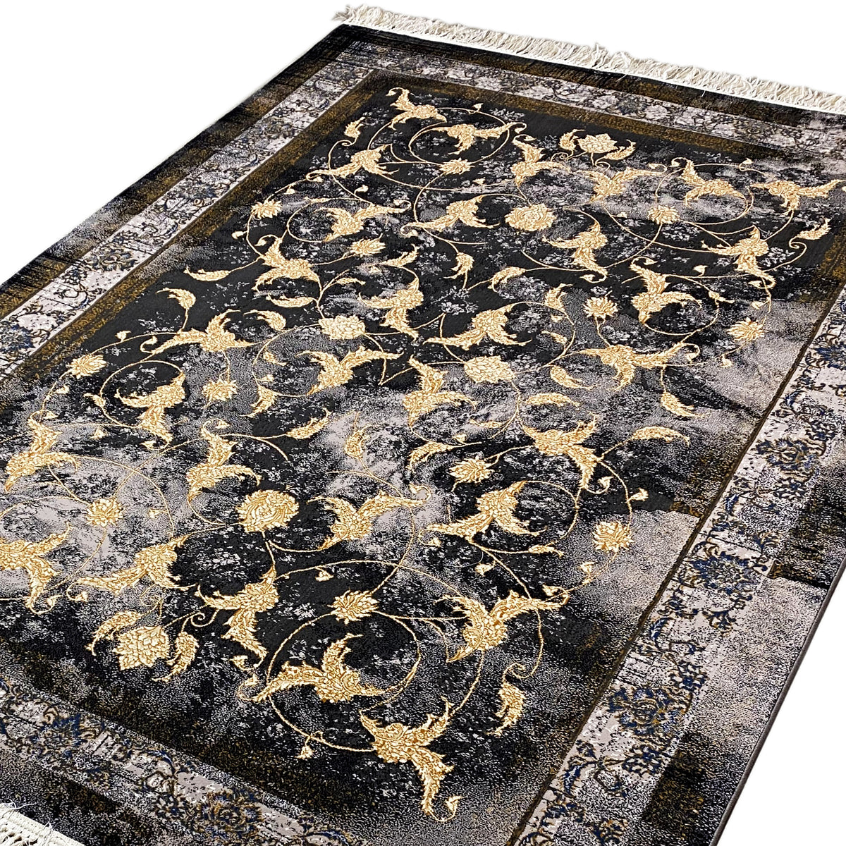 Kenza rug 160x230 cm: Detail of the golden vines on a dark background