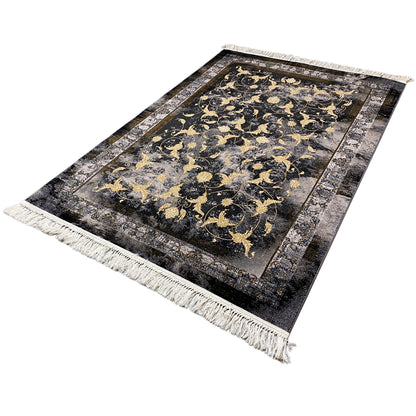 Kenza rug 160x230 cm: rectangular, dark background, gold patterns, fringes