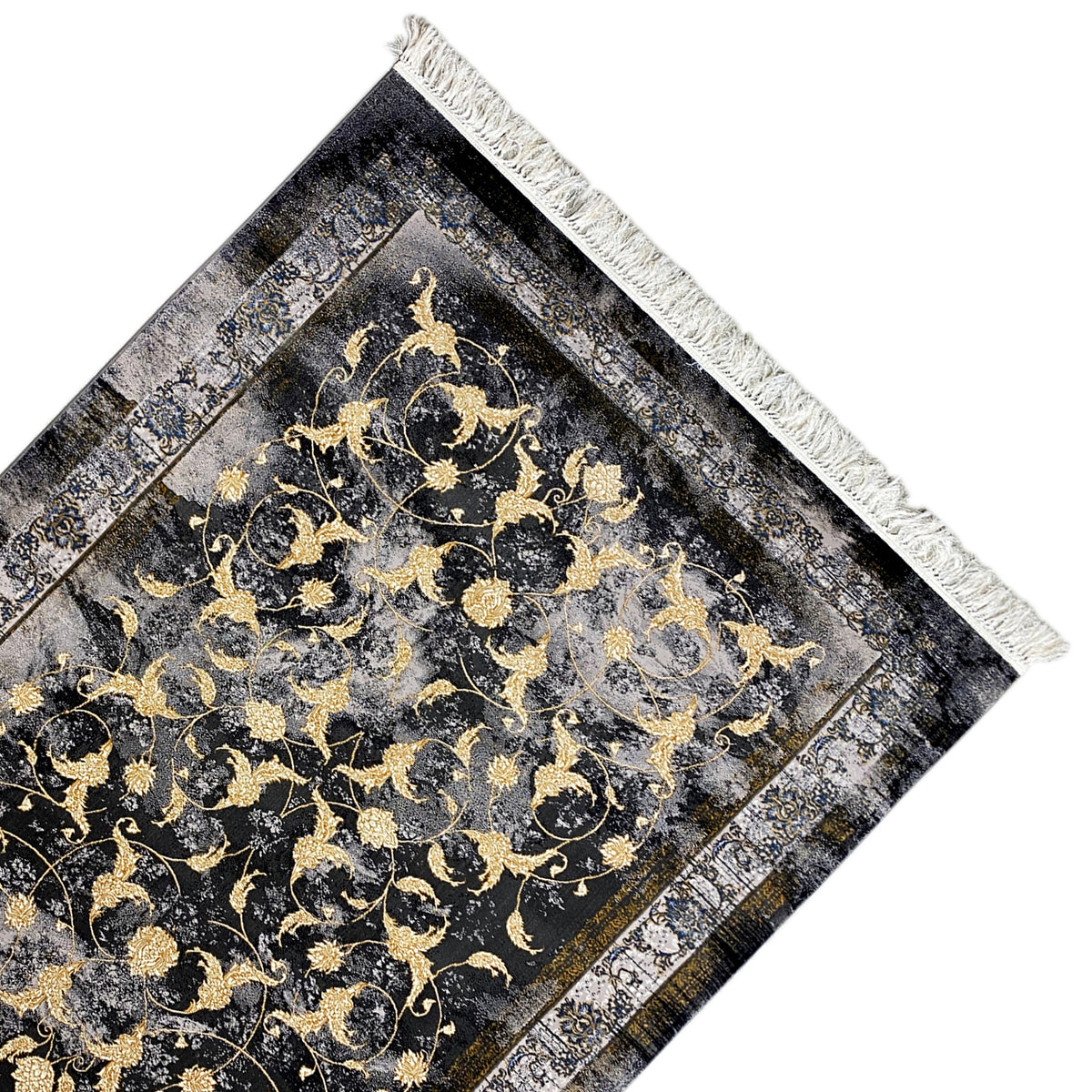 Kenza rug 160x230 cm, diagonal view: dark pile with gold embellishments