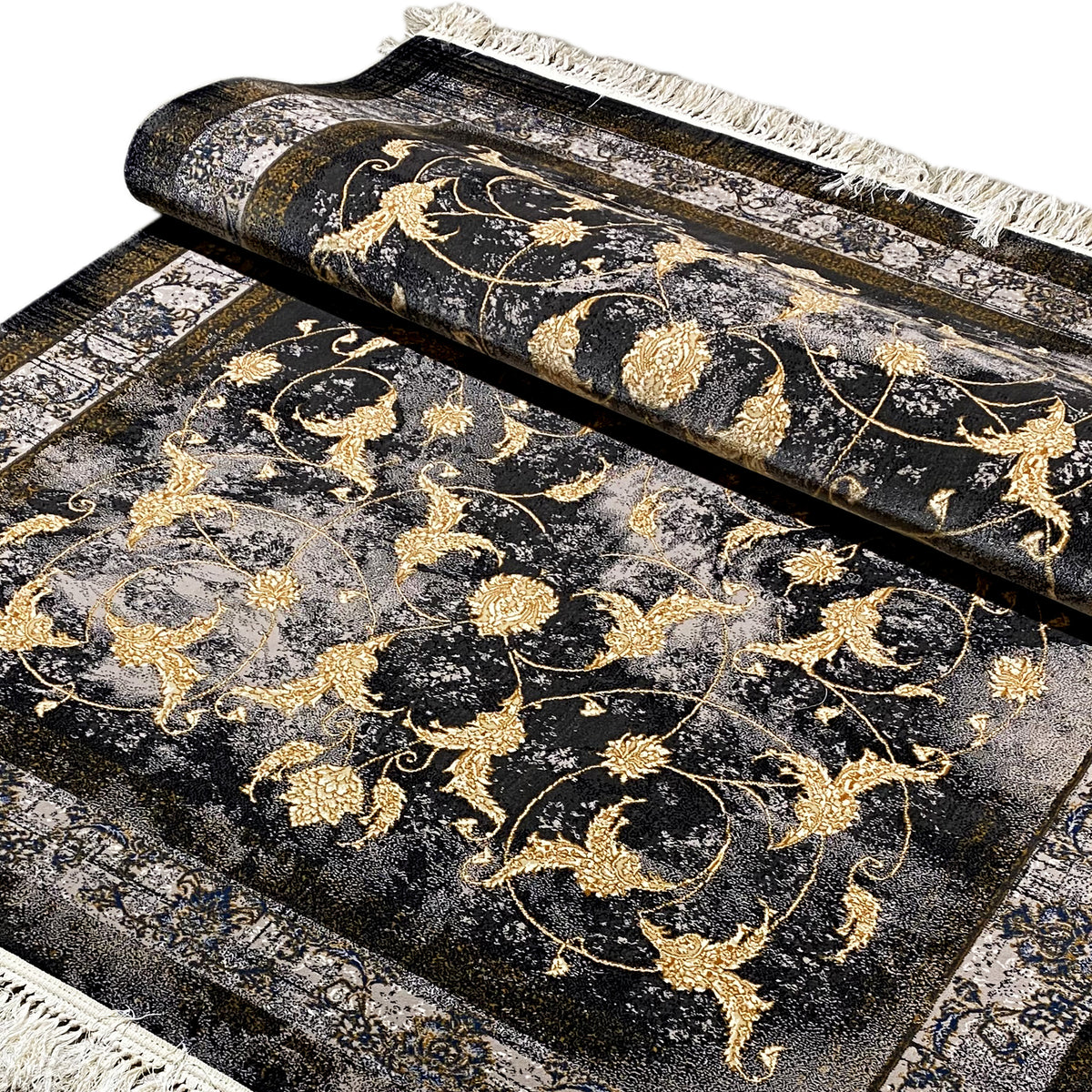 Rug 160x230 cm: dark pile with a gold-colored Baroque pattern and fringes