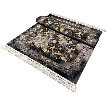 Kenza rug 160x230 cm: rolled, dark pattern with golden ornaments, fringes