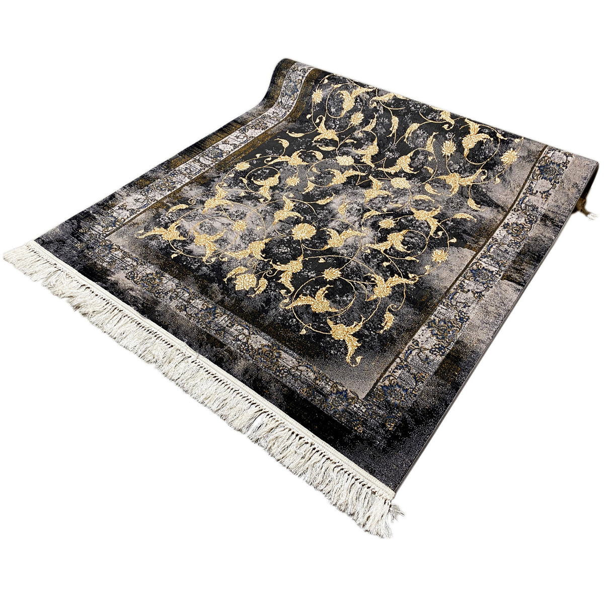 Rug 160x230 cm, black-dark gray with a gold-colored ornamental pattern and fringes