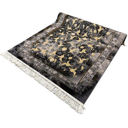 Rug 160x230 cm, black-dark gray with a gold-colored ornamental pattern and fringes