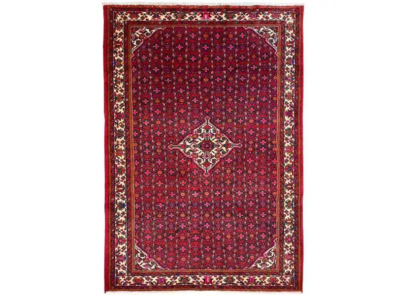 Hamedan oriental rug, red field with centered medallion, wide border