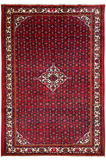 Hamedan Oriental rug front view, red star pattern with central medallion