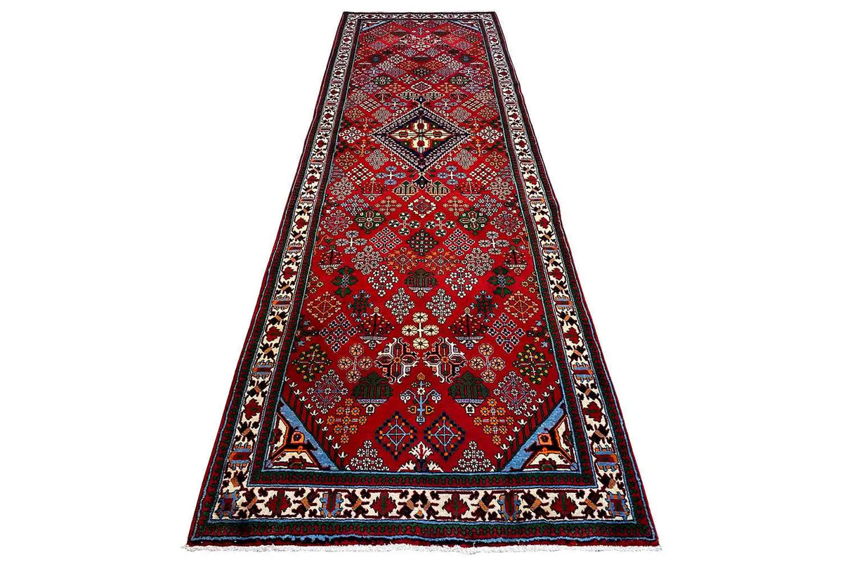 Josheghan runner rug 370x112 cm: red pattern with geometric border