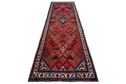 Josheghan runner rug 370x112 cm: red pattern with geometric border