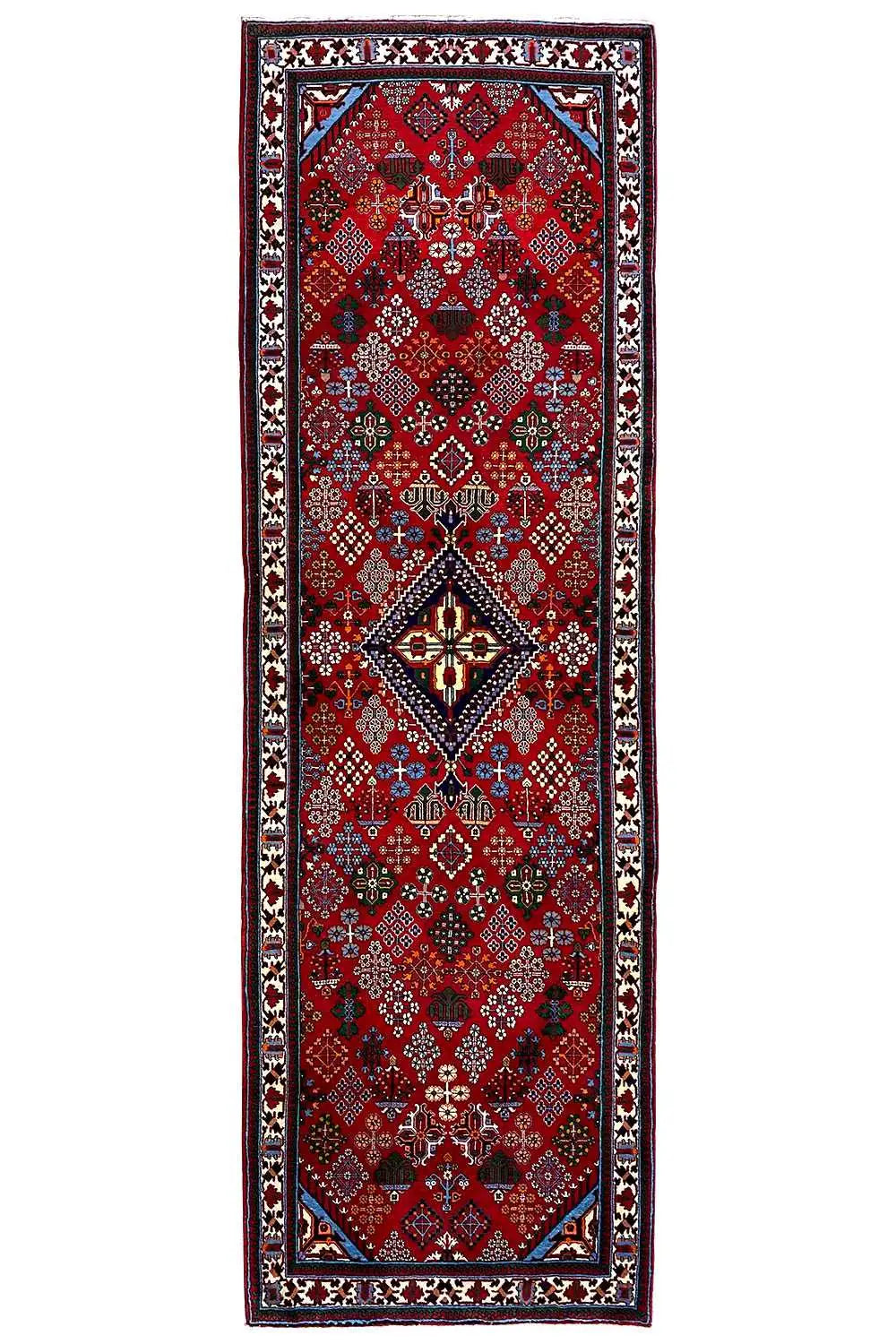 Josheghan runner 370x112 cm, top view with red center and dark border border rug