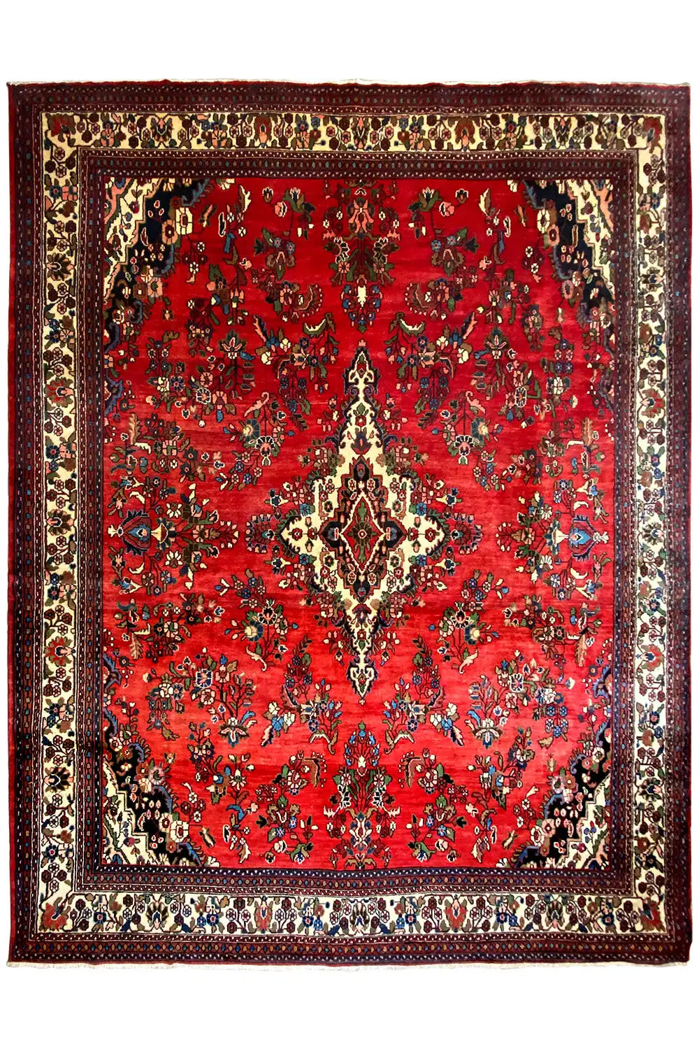 Red Hamadan Oriental rug in a square design with a border and medallion